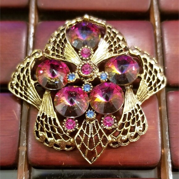 Beautiful Vibrant Vintage Volcano Rivoli Rhinestone Brooch 2" Diameter - Picture 1 of 2